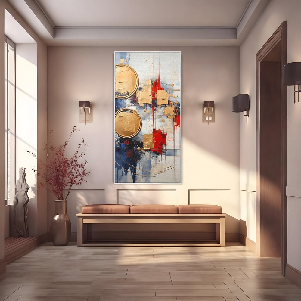 Tablou canvas cu tablou abstract cu cercuri aurii, in rama de aluminiu argintiu